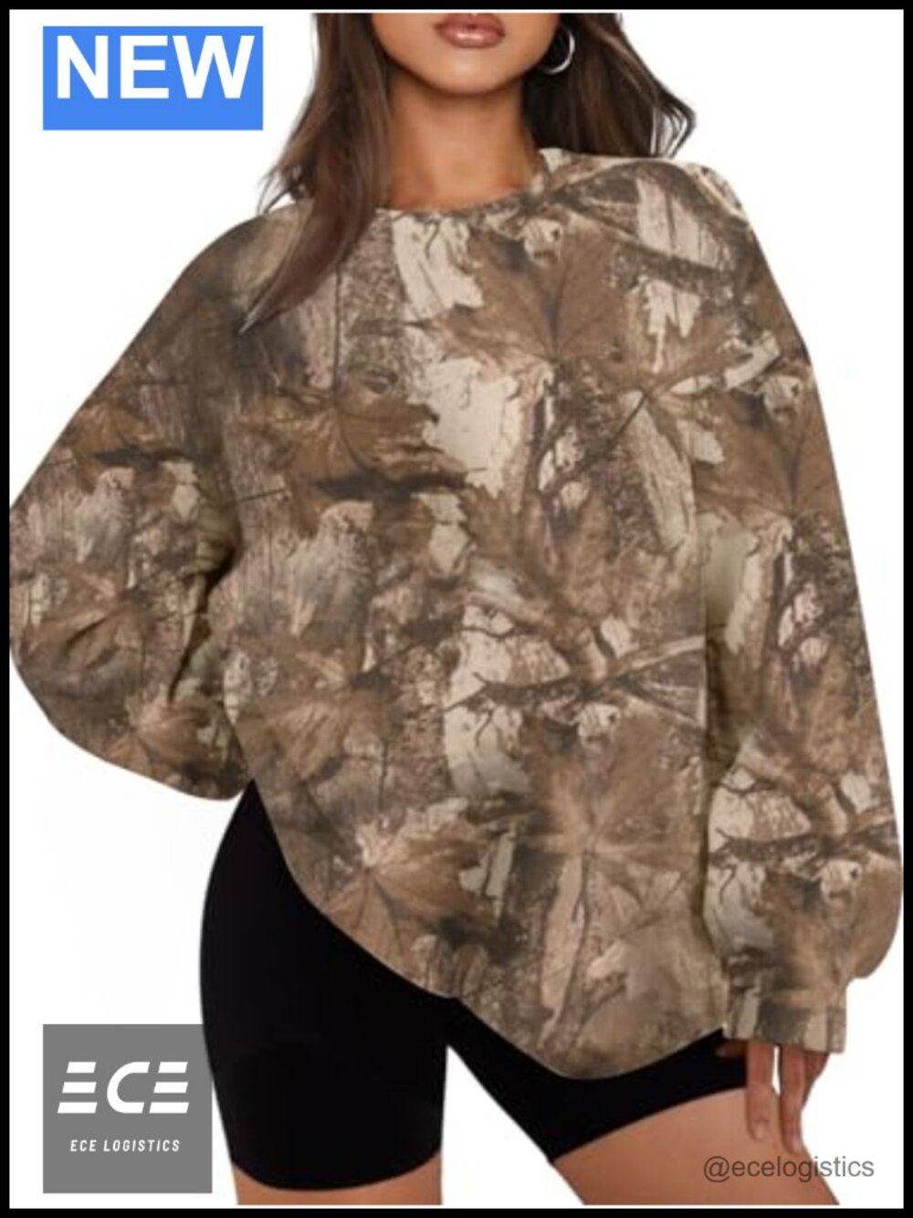 Women's Camo Sweatshirt Oversized Fleece Lined Maple Leaf Print Crewneck